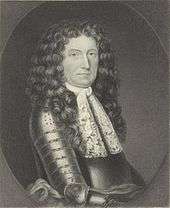 A half-length engraved black and white portrait of Edmund Andros. He wears metal plate armor, and a lace collar or cravat is visible.