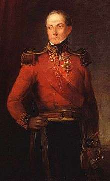 Portrait of James Kempt in red military uniform from head to knees