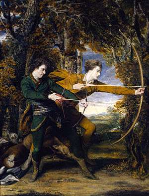 A painting of 2 men with bow and arrows