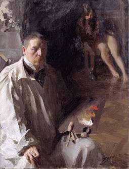 Painting shows a man in the foreground with a loose-fitting white outfit and a mustache holding a wooden palette with his paints. A pair of feminine legs are visible upper right.
