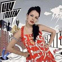 A brunette young woman in a red dress that has "Smile" written all over it. The background contains "Lily Allen" and "Smile" written on top of a building with boomboxes, respectively under a cloud. She is wearing heart-shaped earrings.