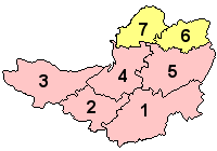 Map of Somerset. North Somerset and Bath and North East Somerset are shown in yellow, while the other districts are in pink.