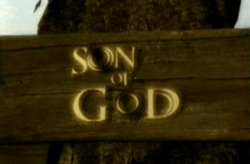 A computer-generated image of a horizontal plank of wood on a tree with the words "SON OF GOD" embossed on it in a golden illuminated script.