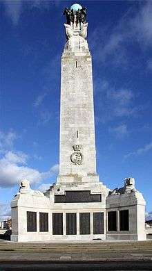 The Naval War Memorial in Southsea, which consists of a large stone pillar and a plaque at the bottom which commemorates the fallen soldiers of the Second World War.