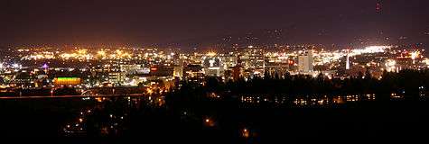 The Spokane skyline at night from the southwest in Palisades Park