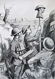 A drawing shows three soldiers raising a dummy head on a stick above a trench parapet. A cigarette hangs from the dummy's mouth. One man holds a periscope at the ready.
