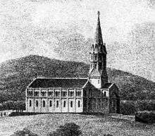Engraving of a church with a steeple on the right, and the body of the church on the left