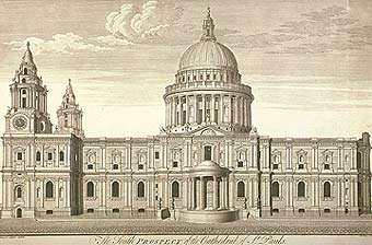 Christopher Wren's drawing of his new St Pauls. The building is quite fat, with two fussy pinacle towers at the west end. In the middle is a huge dome, which looks a bit like a breast on a wedding cake.