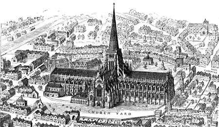 An engraving of Old St Paul's cathedral seen from above. The building is in a cross shape, architecturally rectangular and very long west to east, with flying buttresses along the quire. In the centre is a square central tower, which in this picture has a tall spire. The building looms over the old City of London before the Great Fire.
