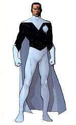 Dark-skinned superhero, dressed in back and white with a white cape