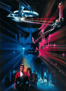 Dominating the center is the head of a man with arched eyebrows and pointed ears. At the edges, the head dissolves into the background of blue and magenta stars. Above, two starships fire multicolored bursts at each other. Below are three smaller figures, the front of which is a man with brown hair, wearing a red coat over a white shirt. The rest dissolve into the background.