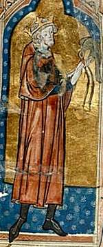 A medieval painting of King Stephen holding a hunting bird