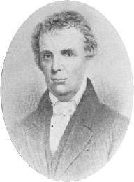 An oval portrait of a friendly looking man with a high forehead looking towards the viewer. His head and shoulders are visible, and his shoulders are turned slightly to the left. His hair is loosely combed, and he is wearing an old-fashioned coat and waistcoat. His shirt is white, with a loose collar and a white stock or cravat.