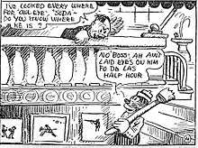 A comic strip panel.  At the top, a middle-aged caucasian male, leaning over the railing to a staircase, says to an African-American male, "I've looked everywhere for 'Owl-Eye', 'Soda'—do you know where he is?"  The African-American, carrying a broom over his shoulder and descending the staircase, replies, "No, Boss, Ah ain't laid eyes on him fo the lass half hour".