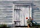  oil painting of a "lamb's door" from white barn, half sized door used to lead sheep in and out of barn