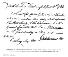 a letter naming three men as delegates from the North Carolina Society of the Cincinnati to a National Meeting in May 1784 with Sumner's signature at the bottom