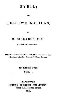 The cover of a book, entitled "Sybil; or, the Two Nations"