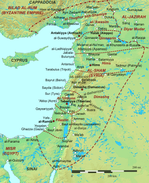 Geophysical map of the Levant, with major cities and boundaries of the early Islamic provinces marked