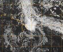 Satellite image of a disorganized area of clouds approaching the Hawaiian islands.
