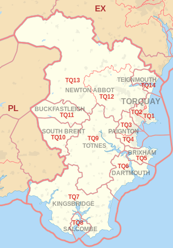 TQ postcode area map, showing postcode districts, post towns and neighbouring postcode areas.