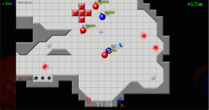 A screenshot of some gameplay in TagPro. Three red balls are near a blue flag in the blue base. Two blue balls are also near the flag in their base.