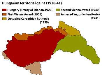 map showing the Yugoslav and other territories gained by Hungary between 1938 and 1941