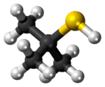 Ball-and-stick model of the tert-butylthiol molecule