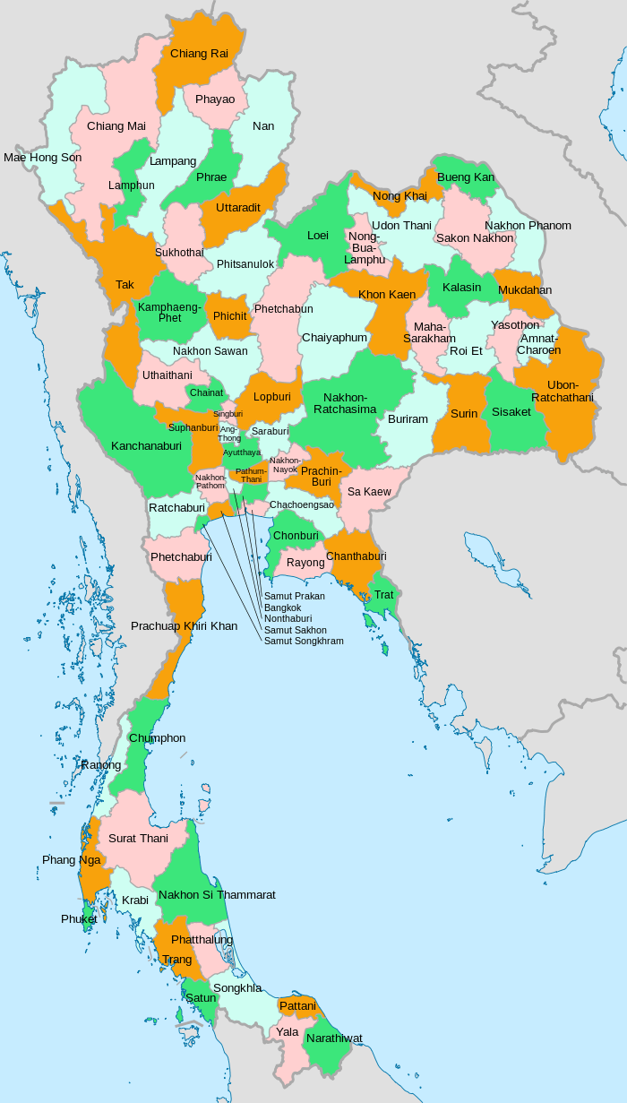 A clickable map of Thailand exhibiting its provinces.