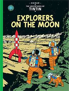 Wearing space suits, Tintin, Snowy, and Haddock are exploring the surface of the moon, with their rocket ship in the background.