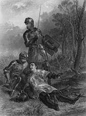 A man, wearing armour and a surcoat, lies on the ground. His helmet is off, and his face is turned towards a kneeling knight, who is supporting him. Standing behind the two is another knight, whose sword and shield are held at the ready.