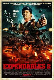 Movie poster with vehicles on fire and a soldier aiming a handgun