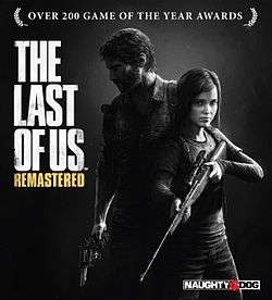 The game's cover art. The text "THE LAST OF US REMASTERED" is to the left, with an adult male (Joel) and teenaged girl (Ellie) to the right, both holding guns.