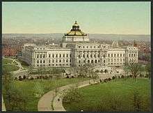bird's eye view color postcard of Library of Congress Jefferson building