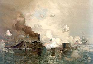 Painting showing Monitor engaging Virginia, 9 March 1862