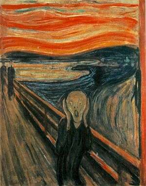 Edvard Munch painting The Scream from 1893 man at bridge with hands to ears and mouth open