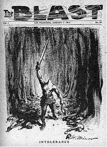 A magazine cover with the caption "Intolerance" shows a headless giant with a sword in one hand and a severed human head in the other