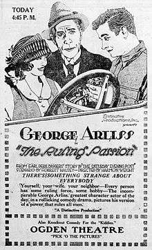 An old newspaper advertisement depicting a women and a two men behind a steering-wheel.