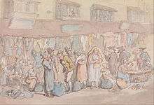 Watercolour of a line of people in the street, with hanging clothes and sacks on the floor.