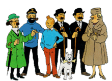 Tintin is standing in a group amongst the main characters of the comics series.