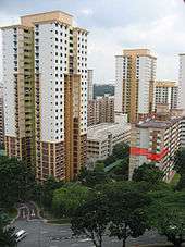 High-rise buildings stand next to each other besides a road. An apartment unit of the block on the right is highlighted in red.