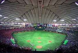 vast expanse with no columns, gray roof with sections, bright green playing field