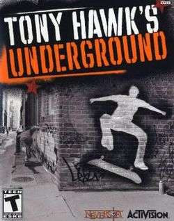 A man sprints out of sight down an urban alley. A brick building he runs past, which is in the foreground, features a lightened outline of a skateboarder. The text "Tony Hawk's Underground" appears in all-caps at the top of the image; it resembles a stencil used for graffiti.
