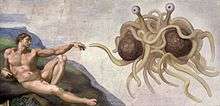 Oil painting in the style of "The Creation of Adam" by Michelangelo (which shows Adam reclining and reaching out to touch God), but instead of God there is the Flying Spaghetti Monster; two large meatballs wrapped in noodles, with eyes on stalks which are also noodles, all floating in mid-air.