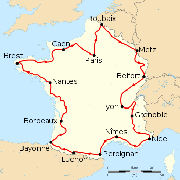 Map of France with the route of the 1910 Tour de France
