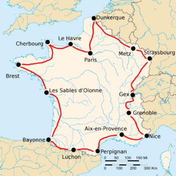 Map of France with the route of the 1920 Tour de France