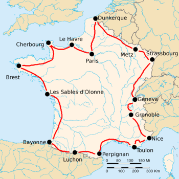 Map of France with the route of the 1921 Tour de France