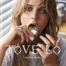 An image of a blonde woman licking a cream-filled baked good; at the lower center, the words "Tove Lo" and "Cool Girl" are printed in white stylized typefaces.