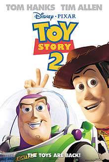 Film poster showing Woody the Cowboy making a V sign with his fingers behind Buzz Lightyear's head. Above them is the film's title below the names of Tom Hanks and Tim Allen. Below is shown "The toys are back!" in all capitals above the production details.