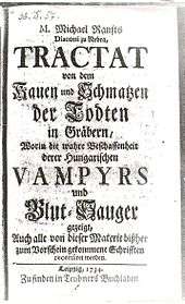 Première page du Tractat von dem Kauen und Schmatzen der Todten in Gräbern (1734), ouvrage de vampirologie de Michael Ranft