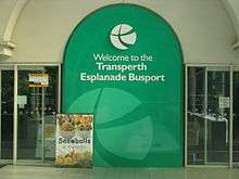 Station entrance with sign "Welcome to the Transperth Esplanade Busport"